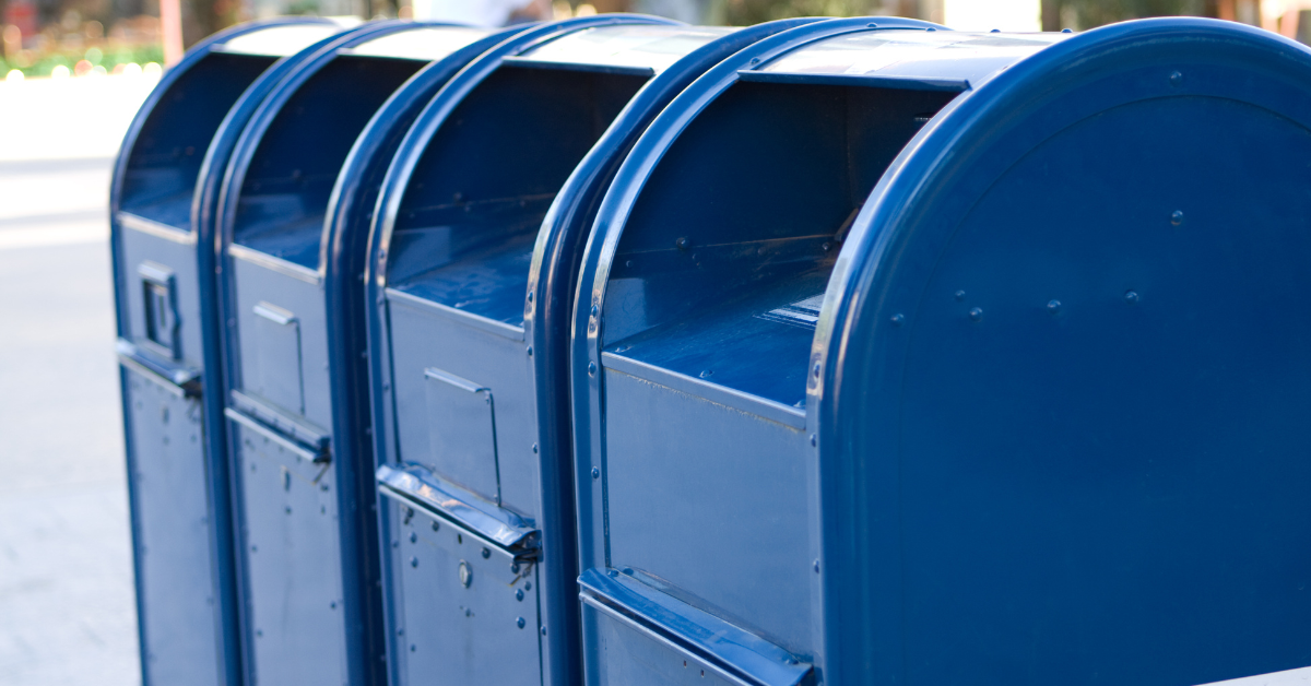 Line of blue mailboxes